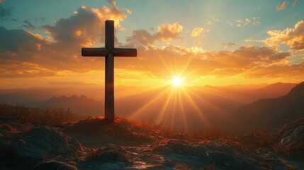 Fototapeta premium Wooden cross on rocky hill at sunrise with dramatic sky and warm glowing sun rays over distant mountains
