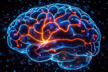 Fototapeta premium Glowing digital human brain with illuminated neural pathways and vibrant electric connections against dark background, symbolizing intelligence and neural activity