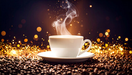 Steaming white coffee cup on coffee beans with sparkling golden bokeh lights in a warm, cozy atmosphere.