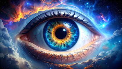 Surreal eye illustration with a galaxy and clouds reflected in the iris.