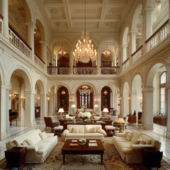 Elegant interior of a luxurious mansion with arches chandeliers and comfortable furnishings