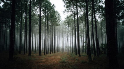 Fototapeta premium Ethereal Pine Forest in Low Fog with Soft Tones and Immense Silence Captured in a Tranquil Moment