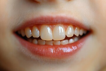 Obraz premium Close-up of a smiling mouth showing white teeth and glistening lips with natural skin texture