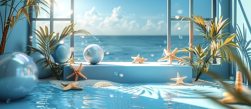 A blue background featuring summer ocean elements, designed for summer-themed events and beach vacation promotions.