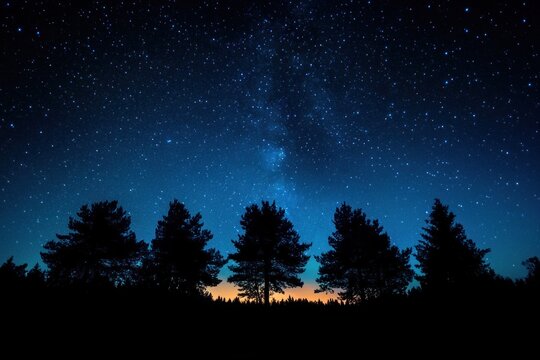 Silhouetted pine trees against a vibrant starry night sky with a faint orange glow on the horizon evoking calm and wonder