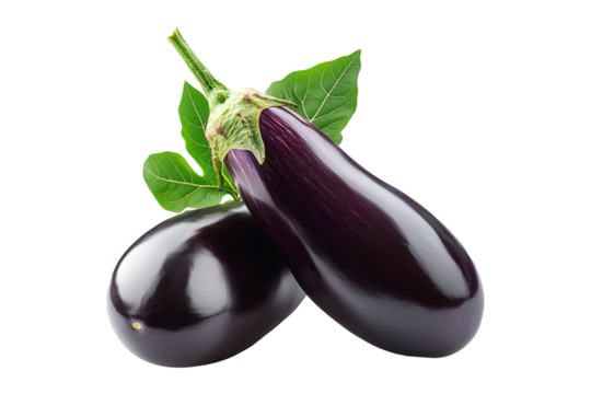 Fresh eggplants with leaves, isolated on white transparent background, concept of healthy eating.