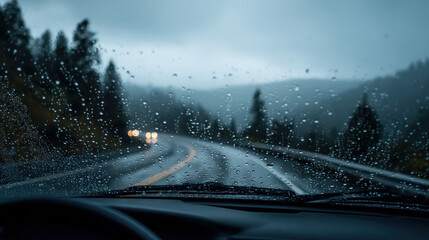 Clear View Through Windshield with Wipers During Heavy Rain on Scenic Road Surrounded by Nature