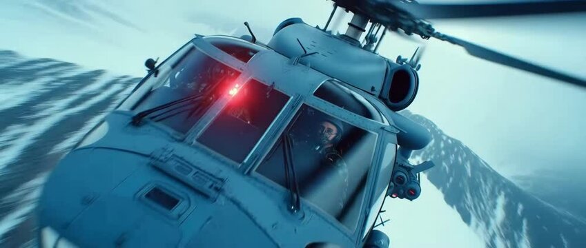 Military helicopter banks hard over snowy mountains with a fast sweeping camera tilt and close-up on cockpit lit by urgent red light