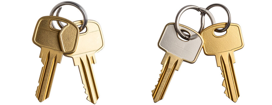  Shiny Gold House Keys on Metallic Keyring, Top View, isolated on transparent background PNG