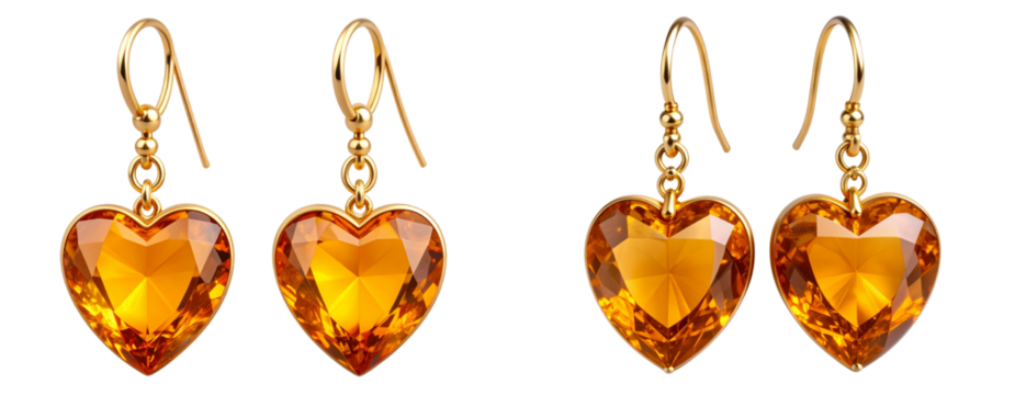Romantic Gold Earrings with Heart-Shaped Amber Gemstones, isolated on transparent background PNG