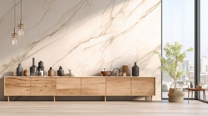 Modern Living Room with Marble Accent Wall and Stylish Decor