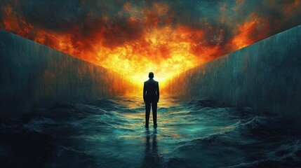 Fototapeta premium Silhouette of a man standing in turbulent water between two high walls facing a fiery, dramatic sunset sky filled with intense orange and yellow clouds