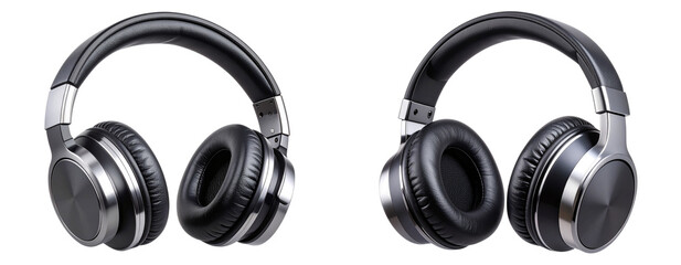 Modern Black Over-Ear Headphones with Silver Accents, Transparent Background PNG