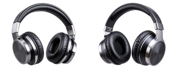 Modern Black Over-Ear Headphones with Silver Accents, Transparent Background PNG