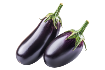 Fresh eggplants with leaves, isolated on white transparent background, concept of healthy eating.