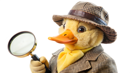 Detective duck with magnifying glass isolated on a white background