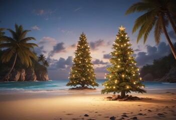 Lighted Christmas tree on a deserted tropical beach, festive escape , tropical beach, Christmas tree, shore