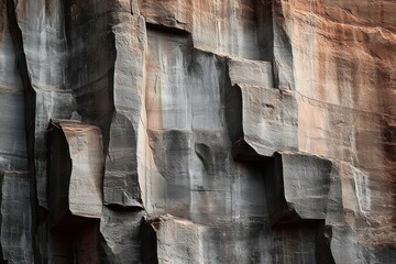 Close-up of a rugged vertical rock cliff face with large angular blocks and varying shades of gray and brown