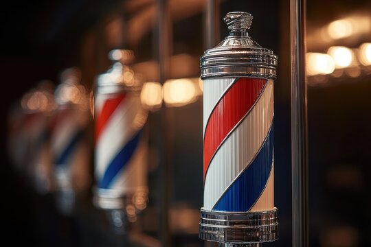 Close-up of a classic barber pole with red, white, and blue stripes shining under warm lighting in a barbershop setting