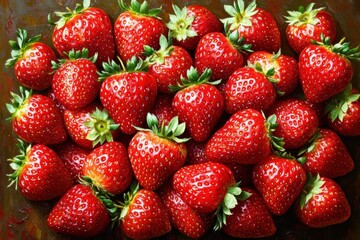 Close-up view of numerous fresh ripe red strawberries with green leafy tops arranged closely together