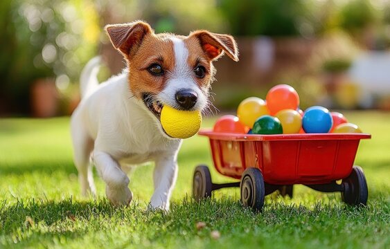 small brown and white puppy playing on green grass with yellow ball in mouth near red wagon filled with colorful balls on sunny day