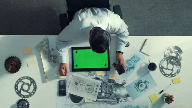 Top view of engineer looking at phone while working on tablet with green screen at meeting table with turbine engine or jet engine sketch design and various metal gear scatter around. Alimentation.