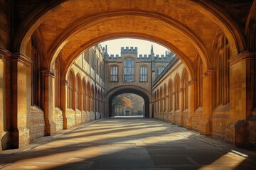 Fototapeta premium Sunlit medieval arched stone walkway with symmetrical windows and a distant view of autumn trees through a gothic-style bridge