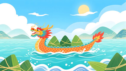 3D rendering of Dragon Boat Festival’s dragon boats and zongzi