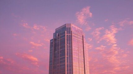 Fototapeta premium Urban Tower Reflecting Pink Sky at Sunset in Vibrant Atmosphere