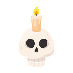 Vector skull with a burning candle on top in flat cartoon style. Halloween icon with copy space