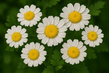 Close-Up of Delicate Feverfew Flowers in Full Bloom &ndash; Crisp White Petals Surrounding Bright Yellow Centers in a Lush Garden Setting