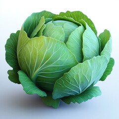 Fototapeta premium Fresh green cabbage with tightly layered leaves and detailed veins under soft lighting on a white background