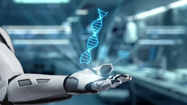 Close up of robotic hand open palm of hand with DNA hologram floating. Hand showing DNA holographic while accessing and connecting with medical data to diagnosis symptom. Genetic concept. Salubrious.
