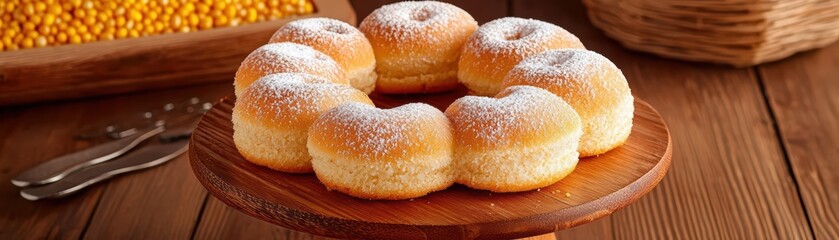 Freshly Baked Doughnuts on a Wooden Stand with Powdered Sugar and a Basket of Corn in Background