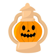 Halloween lantern with carved pumpkin face in flat cartoon style