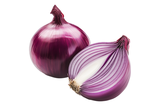 Whole and halved sliced red onion with visible layers isolated on white transparent background, concept of healthy eating.