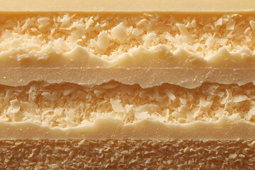Layered Coconut Cream Delight: A captivating close-up showcases the intricate layers of a creamy, delicious confection, offering a sensory experience that stimulates the appetite.