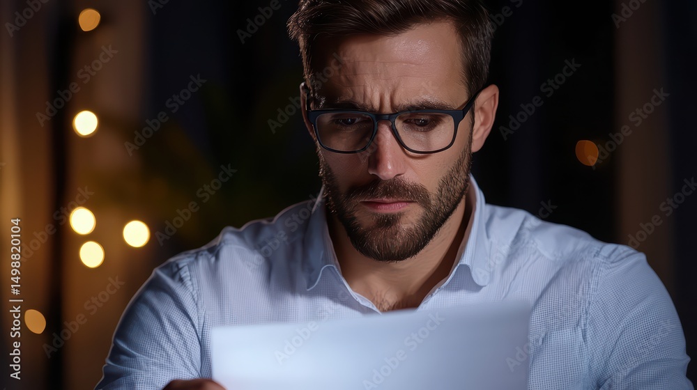 Poster man with glasses reading document in dim light with bokeh effect creating a contemplative atmosphere
