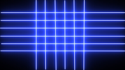 Horizontal neon line from right to left on black screen. Abstract glowing neon lights blinking lines 