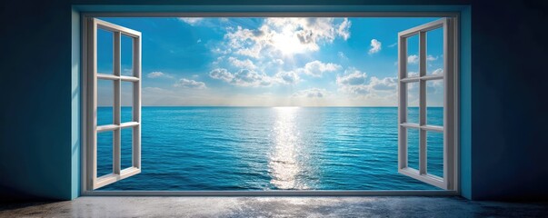 Positive thinking in strategy with belief and entrepreneur concept. Stunning ocean view through an open window with bright blue sky.