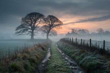 Misty Sunrise Path Through Rural Field