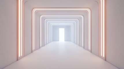 Fototapeta premium Modern minimalist corridor with glowing neon lights leading to an illuminated open door in a contemporary setting