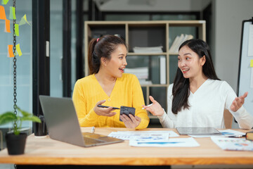 Two professional business executives working on laptop computer sitting at office desk, happy colleagues discussing company digital strategy.