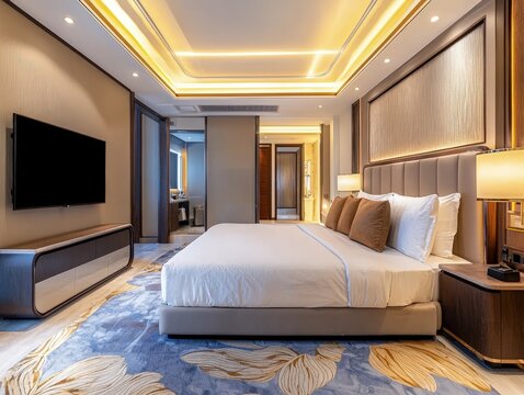 Beautiful luxury bedroom suite in hotel with tv