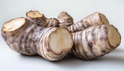 Close up of fresh peeled and cut taro roots with rough textured brown skin and creamy interior on white background