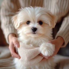 Close-up of a small fluffy white puppy being gently held in hands wearing soft beige knit sleeves with a cozy indoor atmosphere