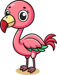 Kawaii flamingo cartoon with pink feathers and happy dancing pose