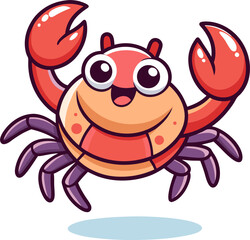 Funny red crab cartoon character with claws raised in a cute flying pose