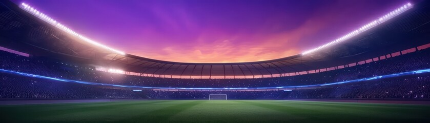 Spectacular Soccer Stadium Landscape During Sunset with Illuminated Seats and Vibrant Sky Colors