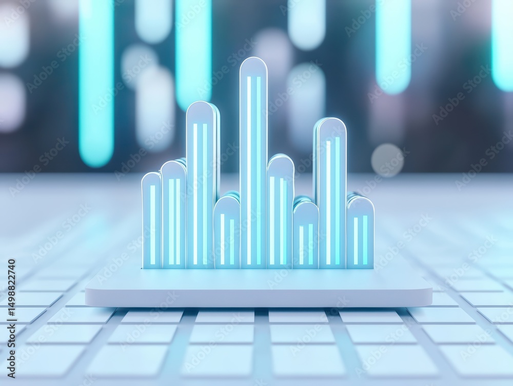 Poster modern data visualization with neon bars and abstract background for technology and finance concepts